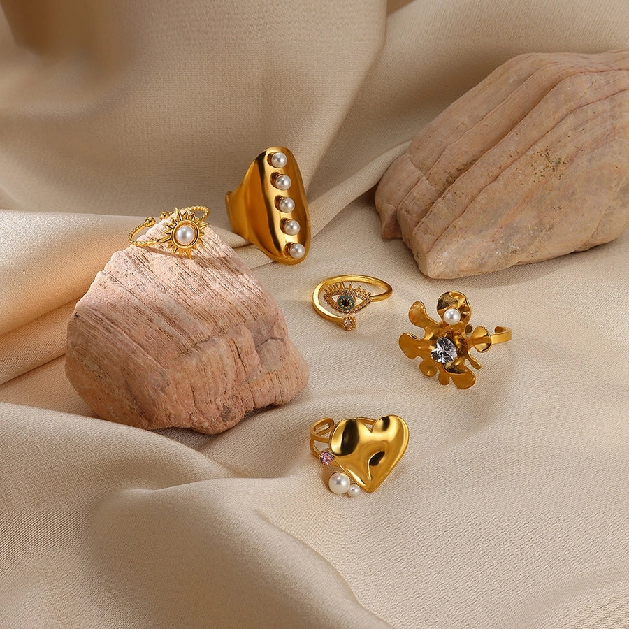 Jewelry IG Style Exaggerated Heart Shape Eye Solid Color 304 Stainless Steel Pearl Zircon Inlay Open Rings