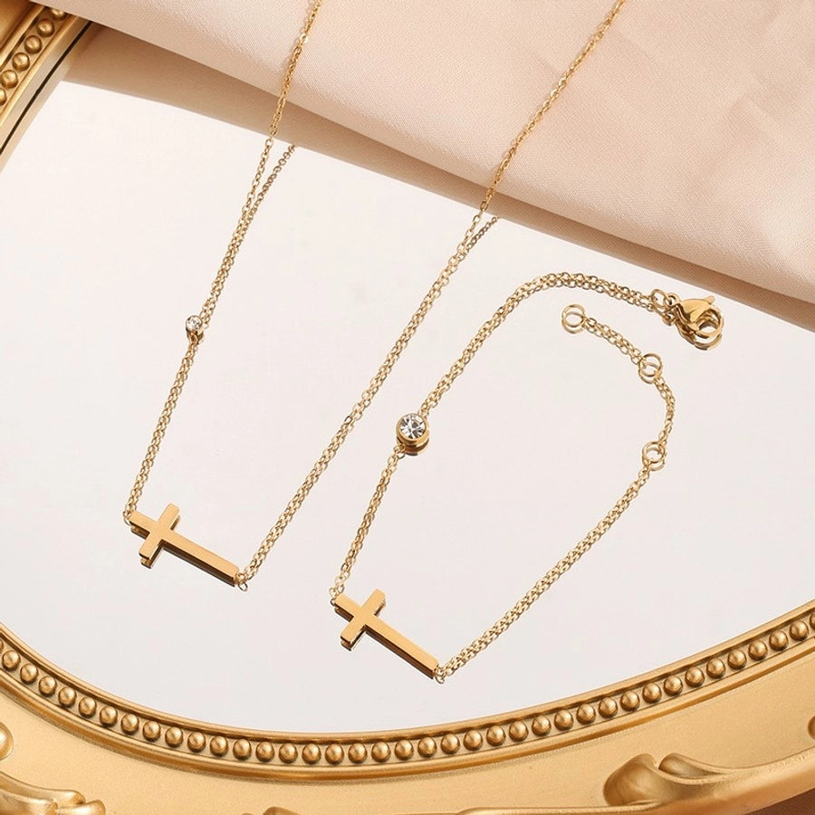Jewelry Simple Style Classic Style Commute Cross 304 Stainless Steel Artificial Rhinestones 18K Gold Plated Plating Jewelry Set