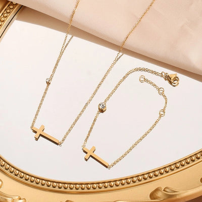 Jewelry Simple Style Classic Style Commute Cross 304 Stainless Steel Artificial Rhinestones 18K Gold Plated Plating Jewelry Set