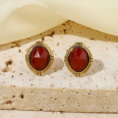 One Pack and Two Pairs Retro French Style Geometric Plating Titanium Steel Natural Stone 14K Gold Plated Ear Studs