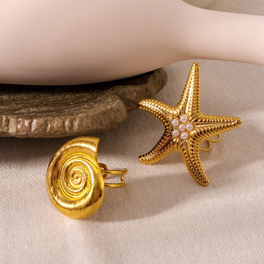 Jewelry IG Style Simple Style Commute Starfish Conch 304 Stainless Steel Artificial Pearls 18K Gold Plated Inlay Open Rings
