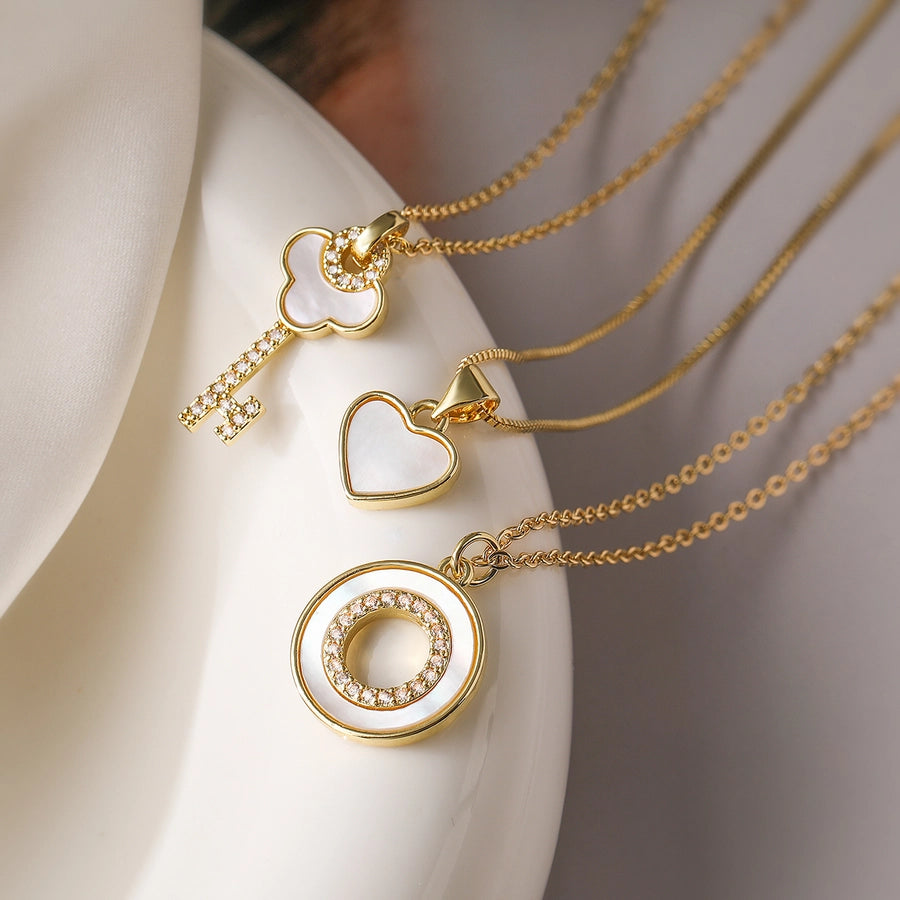 Copper cable chain Inlay Geometric Shell Zircon Pendant Necklace