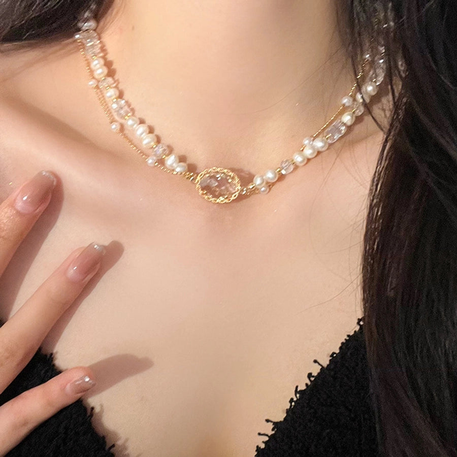 Simple Style Classic Style Round Artificial Crystal Imitation Pearl  Layered Necklaces