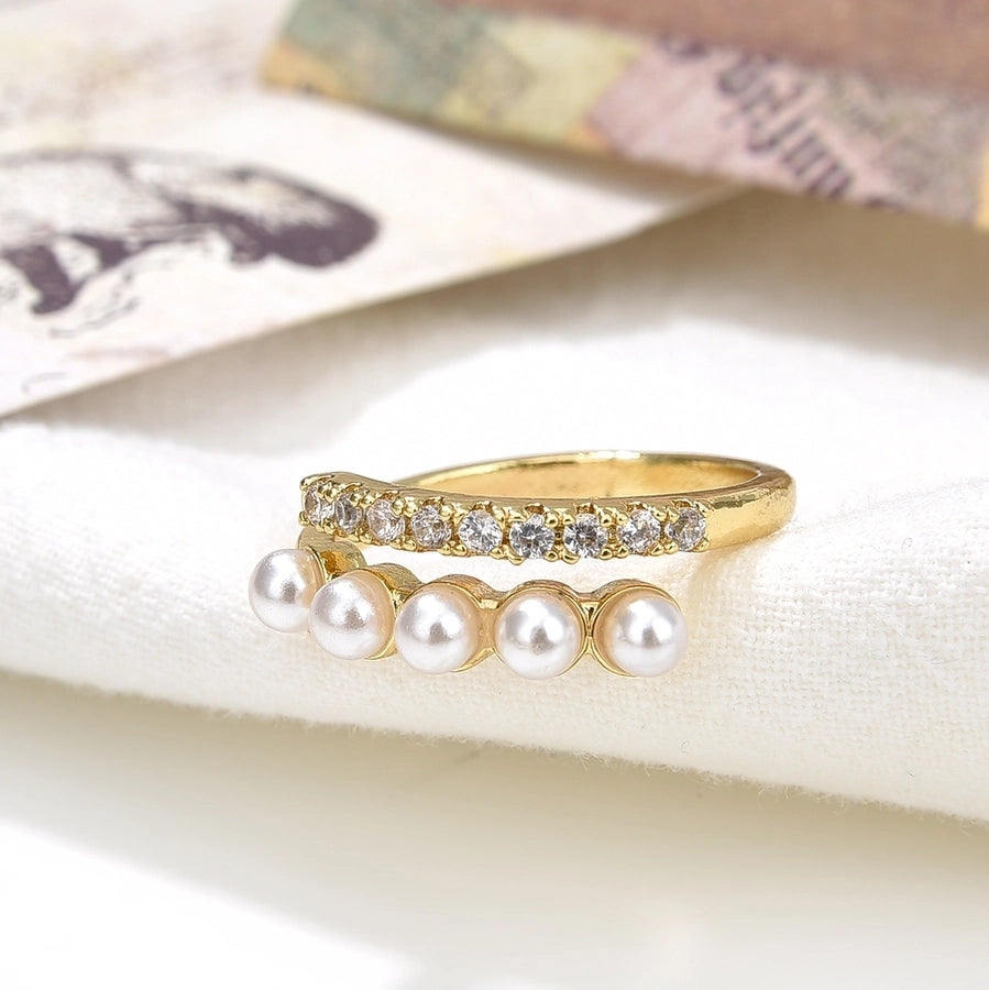 Copper Plating 18K Color Retaining Glossy Zircon Imitation Pearl Open Ring