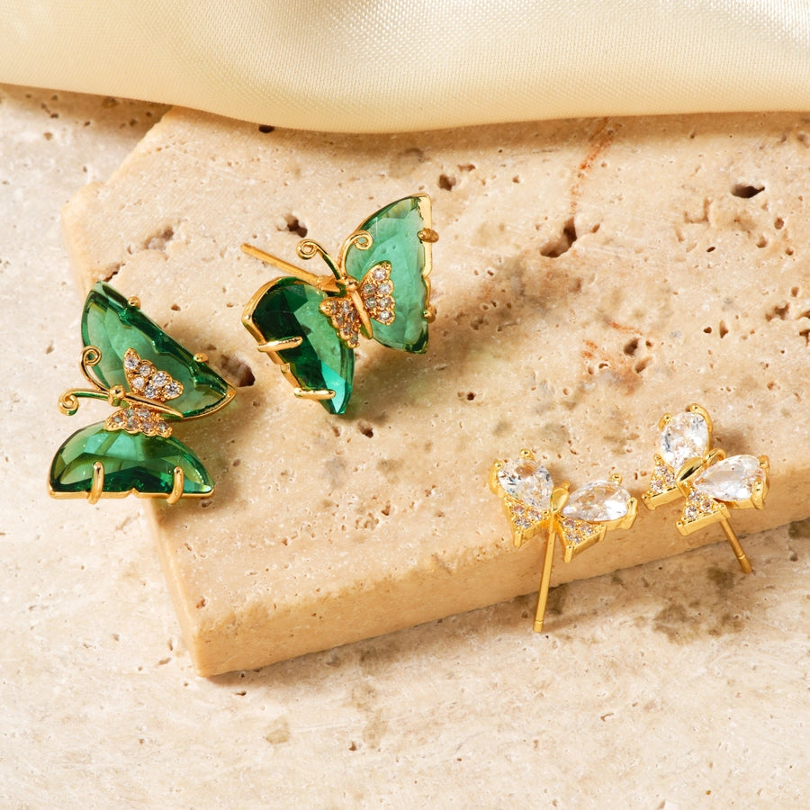 1 Pair Japanese Style Simple Style Shiny Butterfly Three-dimensional Inlay Copper Zircon K Gold Plated Ear Studs