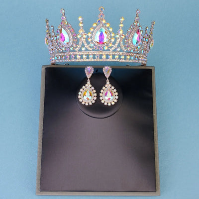 retro water droplets alloy hollow out inlay rhinestones crown earrings