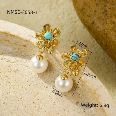 1 Pair Retro Flower Plating Inlay 304 Stainless Steel Natural Stone Pearl 18K Gold Plated Drop Earrings