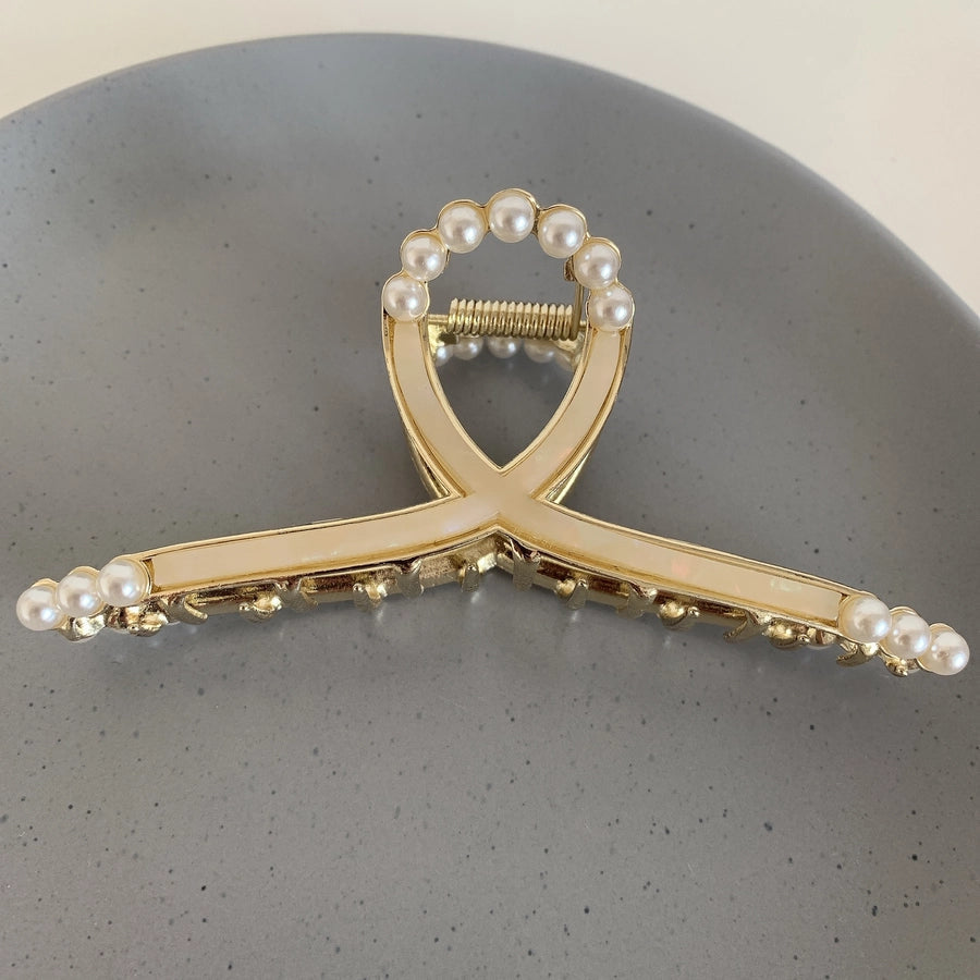 elegant geometric metal inlay artificial pearls hair claws