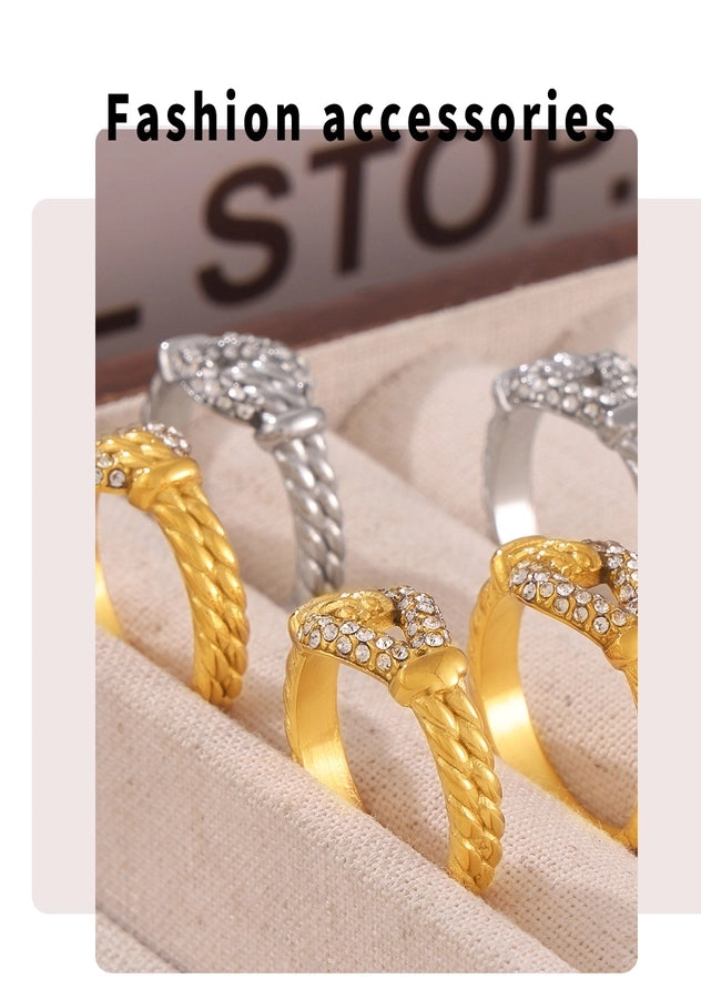 Jewelry Luxurious Modern Style U Shape Titanium Steel Zircon 18K Gold Plated Inlay Rings