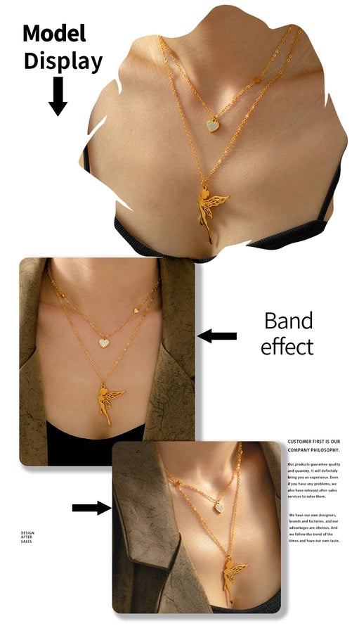 Jewelry Sweet Korean Style Angel Heart Shape 304 Stainless Steel Rhinestones 18K Gold Plated Layered Plating Inlay Double Layer Necklaces Pendant Necklace