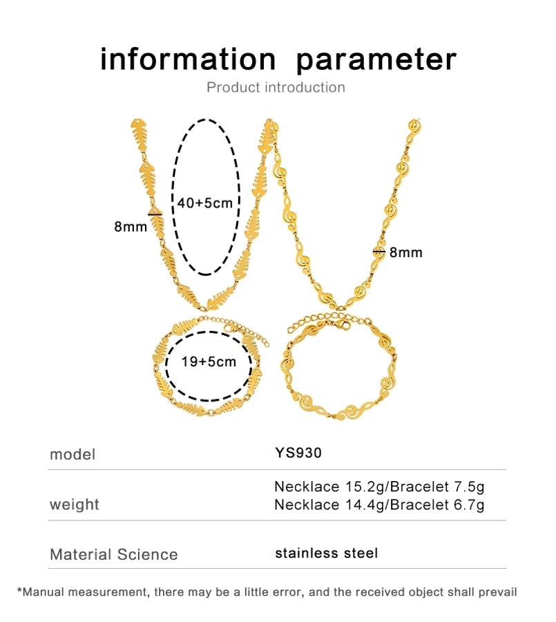 Jewelry IG Style Music Symbol Fish Bone 304 Stainless Steel 18K Gold Plated Bracelets Necklace