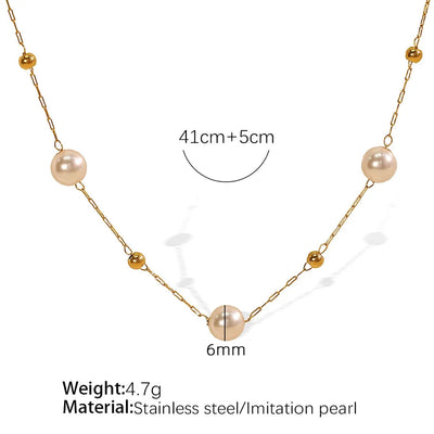Jewelry IG Style Elegant French Style Round 304 Stainless Steel Artificial Pearls 18K Gold Plated Beaded Polishing Necklace