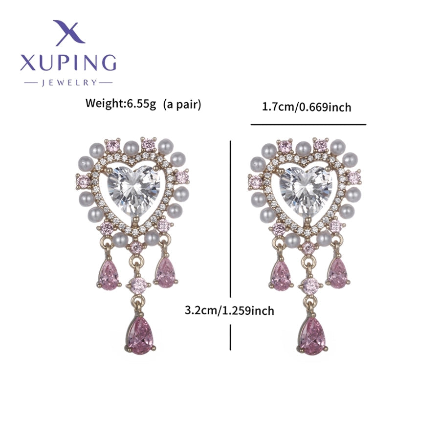 1 Pair Luxurious Sweet Heart Shape Plating Copper Artificial Gemstones 18K Gold Plated Drop Earrings
