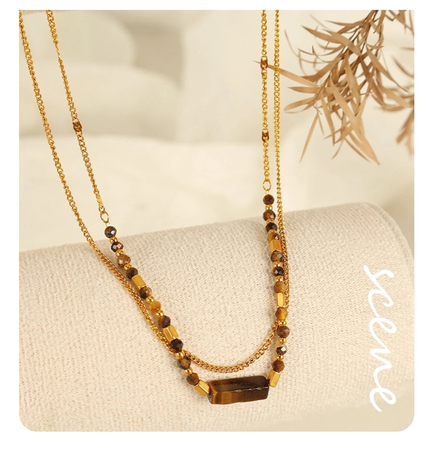 Jewelry IG Style Vintage Style Geometric 304 Stainless Steel Tiger Eye 18K Gold Plated Polishing Double Layer Necklaces