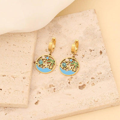 Jewelry Hawaiian Commute Coconut Tree Dolphin 304 Stainless Steel Pearl 18K Gold Plated Hollow Out Jewelry Set