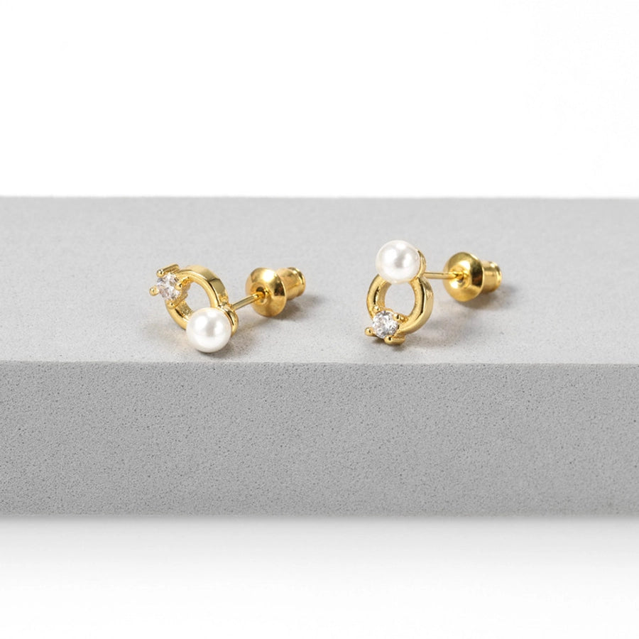 1 Pair IG Style Simple Style Round Plating Inlay Copper Pearl Zircon 18K Gold Plated Ear Studs