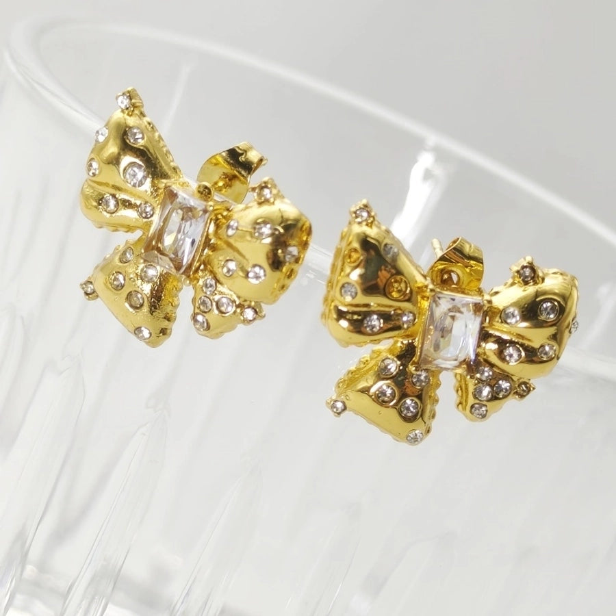 1 Pair Elegant Princess Bow Knot Inlay 304 Stainless Steel Rhinestones 18K Gold Plated Ear Studs