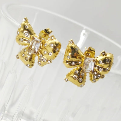 1 Pair Elegant Princess Bow Knot Inlay 304 Stainless Steel Rhinestones 18K Gold Plated Ear Studs