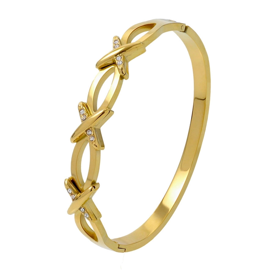 Elegant Nordic Style Vacation cross Row Brick Hollow Out Titanium Steel Gold Plated Zircon Bangle In Bulk