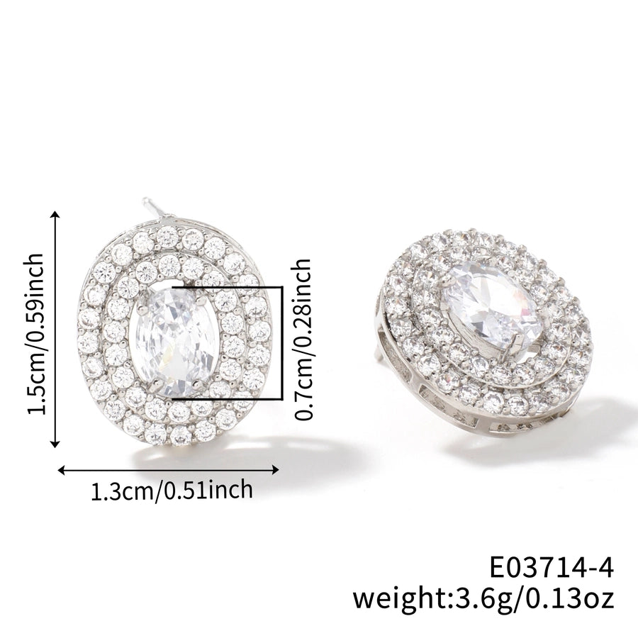 1 Pair Retro Sweet Shiny Oval Inlay Copper Glass Zircon Rhodium Plated Ear Studs