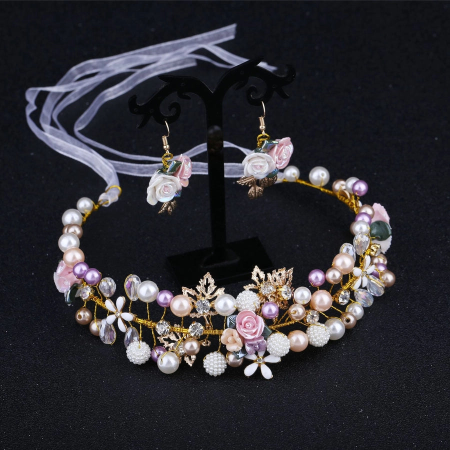 bridal headwear handmade pearl ceramic flower headband earrings set
