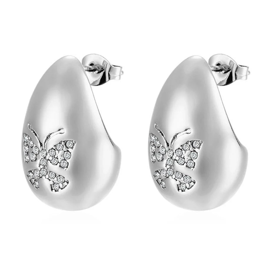 1 Pair IG Style Water Droplets Butterfly Plating Inlay 304 Stainless Steel Rhinestones 18K Gold Plated Ear Studs