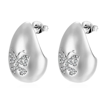 1 Pair IG Style Water Droplets Butterfly Plating Inlay 304 Stainless Steel Rhinestones 18K Gold Plated Ear Studs