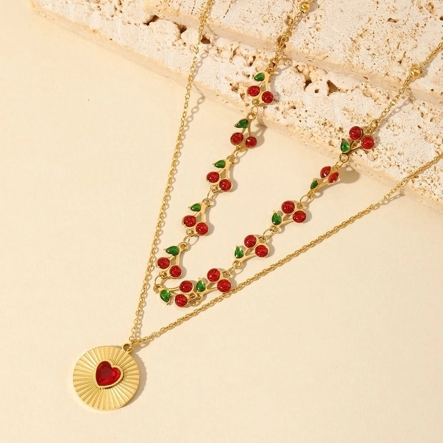 Jewelry Vacation Simple Style Cherry Heart Shape 304 Stainless Steel Resin 18K Gold Plated Inlay Double Layer Necklaces Pendant Necklace