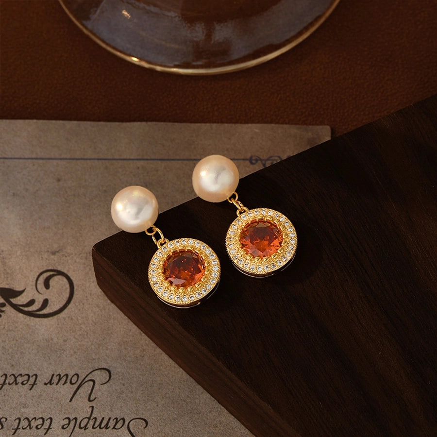 1 Pair Retro French Style Round Heart Shape Copper Zircon 18K Gold Plated Drop Earrings