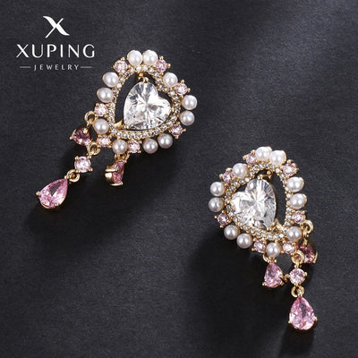 1 Pair Luxurious Sweet Heart Shape Plating Copper Artificial Gemstones 18K Gold Plated Drop Earrings