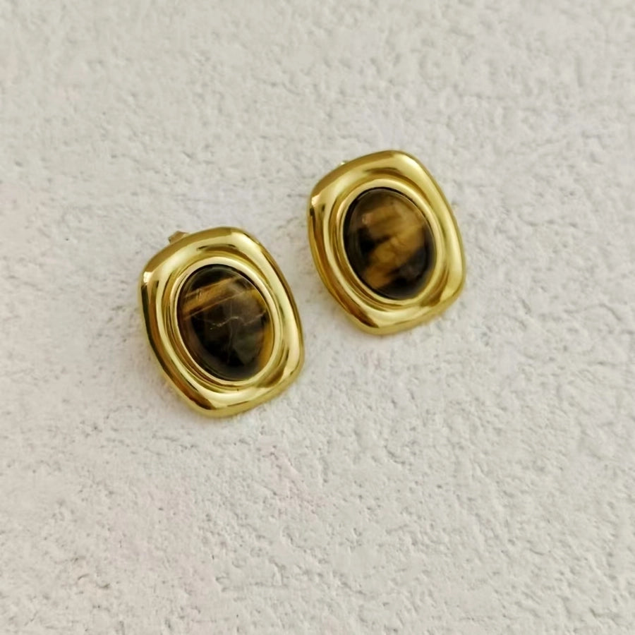 1 Pair Retro Rectangle Inlay 304 Stainless Steel Acrylic Natural Stone Tiger Eye 18K Gold Plated Ear Studs