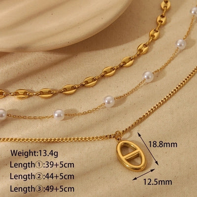 Jewelry Vintage Style Geometric Heart Shape 304 Stainless Steel 18K Gold Plated Plating Three Layer Necklace