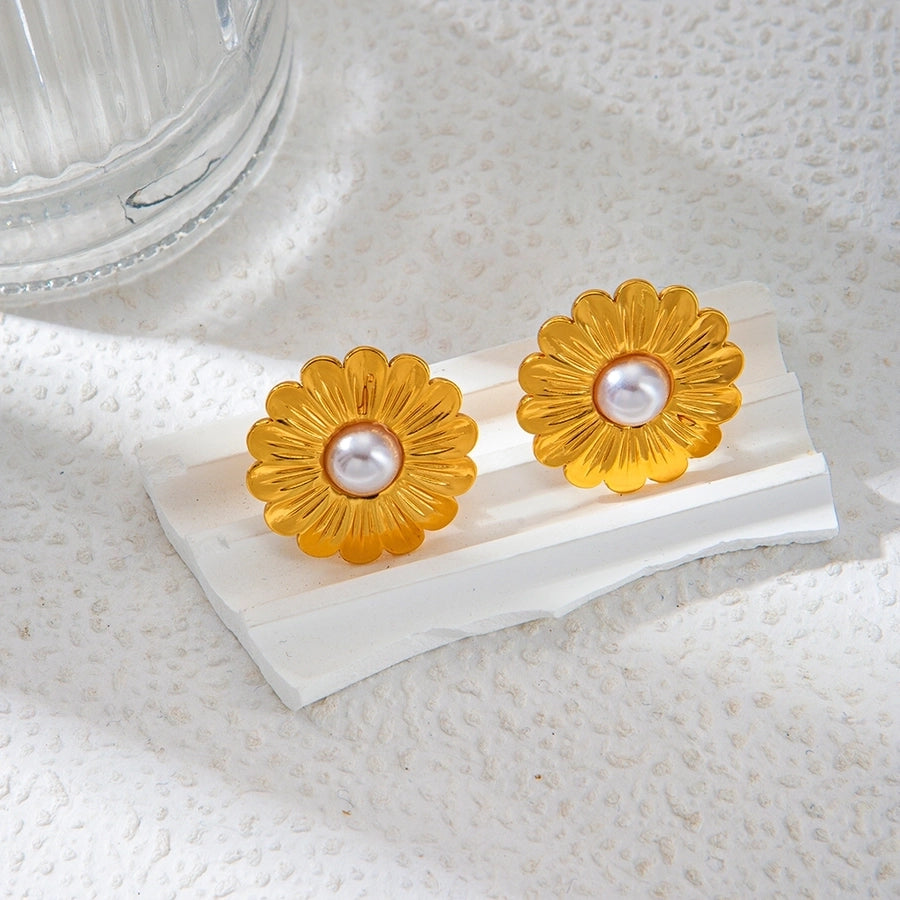 1 Pair Vacation Sweet Round Flower Plating Inlay 304 Stainless Steel Pearl 14K Gold Plated Ear Studs