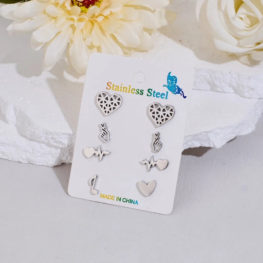 4 Pairs Cute Sweet Commute Geometric Heart Shape Polishing Hollow Out 304 Stainless Steel 18K Gold Plated Ear Studs