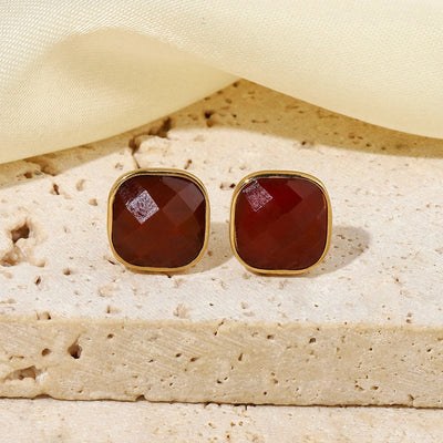 One Pack and Two Pairs Retro French Style Geometric Plating Titanium Steel Natural Stone 14K Gold Plated Ear Studs