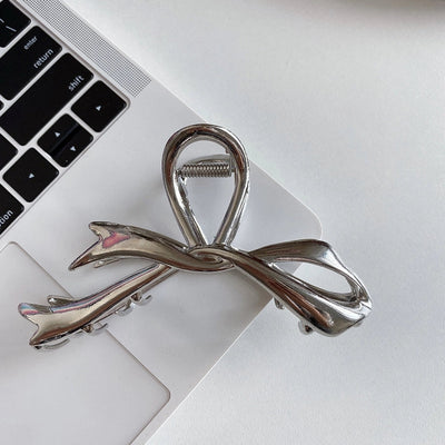 Ribbon bow hairpin for women  new back head clip shark clip high-end silver metal clip hairpin