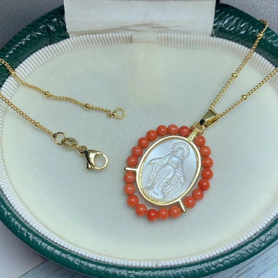 Mother pearl shellfish Copper Geometric Virgin Mary Color Block Pendant Necklace