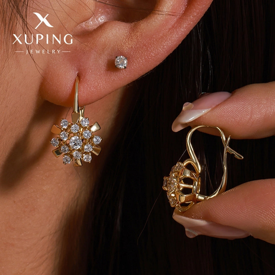 1 Pair Lady Sweet Flower Plating Copper Artificial Gemstones 18K Gold Plated Earrings