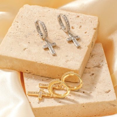 1 Pair Elegant Streetwear Shiny Cross Inlay Copper Zircon K Gold Plated Rhodium Plated Earrings