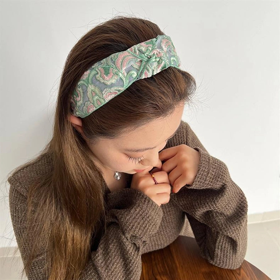 New Ethnic Style Cotton and Linen Embroidery Floral New Chinese Style Hairband Bow Hairpin Headband Wide-brimmed Hair Accessories for Women