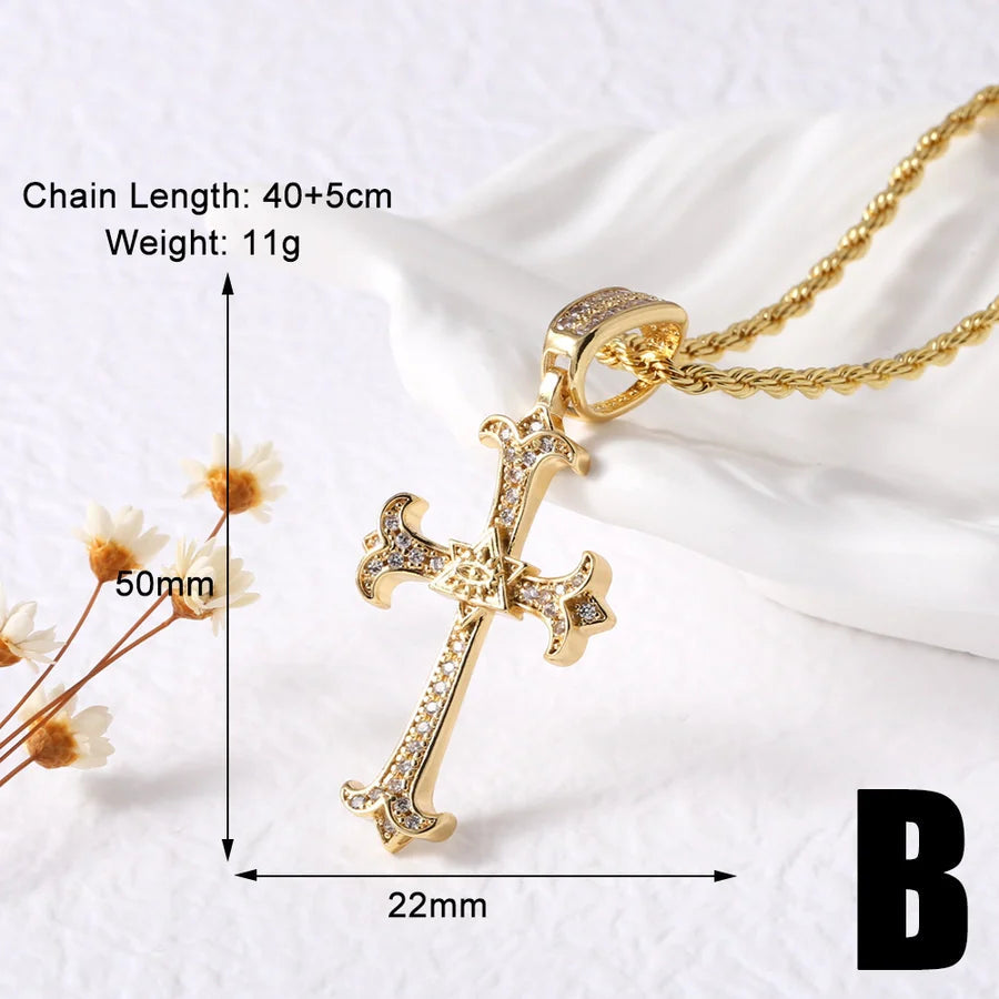 Jewelry Modern Style Simple Style Cross Eye Snake 201 Stainless Steel Copper Agate Zircon 18K Gold Plated Hollow Out Inlay Pendant Necklace