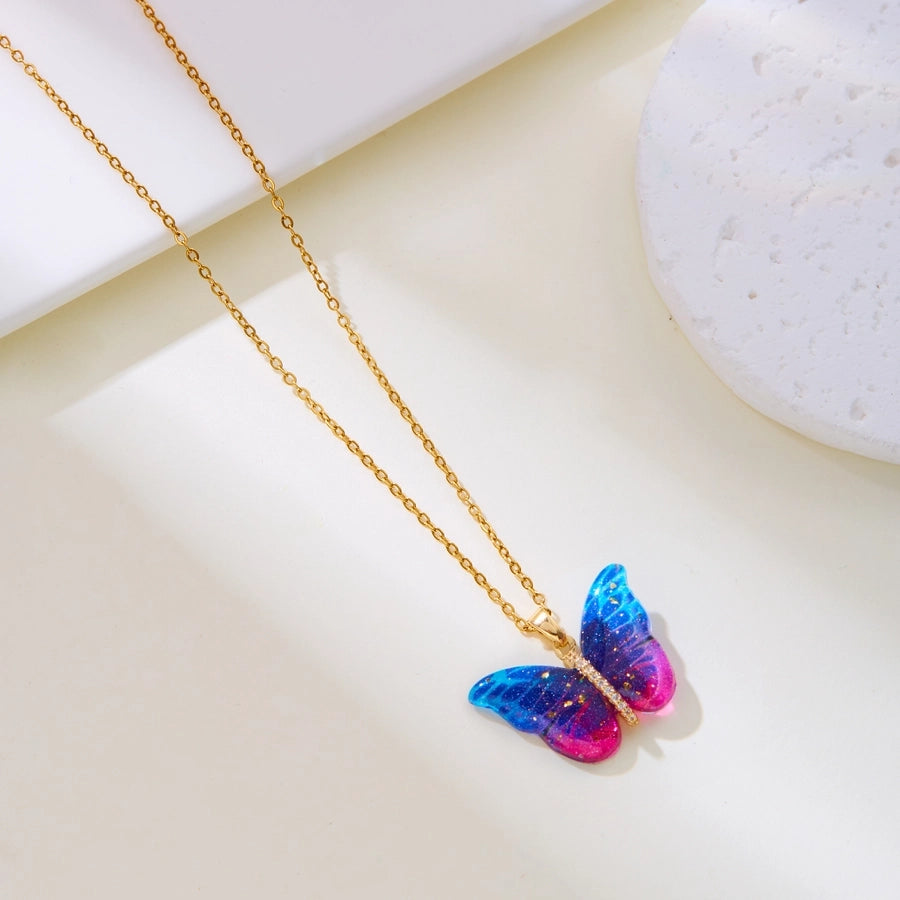 Jewelry Elegant Cute Classic Style Butterfly 201 Stainless Steel Resin Copper Zircon Inlay Pendant Necklace