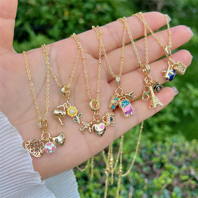 Copper 18K Gold Plated Inlay Sunflower Heart Shape Airplane Zircon Pendant Necklace