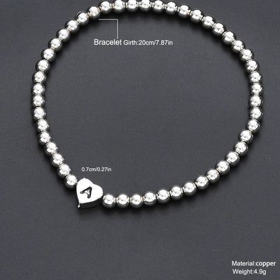 Europe and America Cross Border Hot Sale Creative 26 Letters round Beads Heart-Shaped Copper Bracelet Fashion Ins Simple Beaded Elastic Bracelet