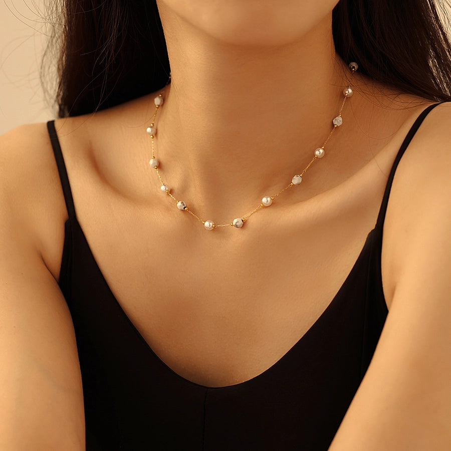 Europe and America  Natural Stone Imitation Pearl Clavicle Necklace Temperamental Bracelet  Style Niche Stainless Steel Jewelry Set