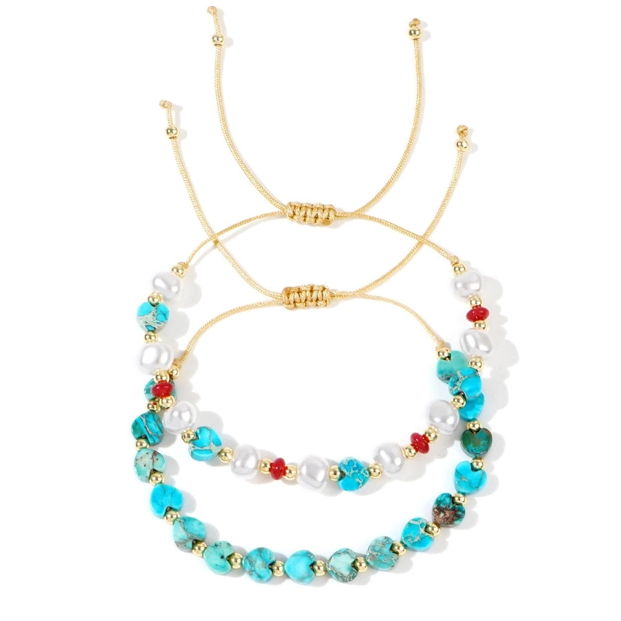 Europe and America  Hot-Selling New Arrival Bohemian Style Imitation Pearl Natural Stone Peach Heart Beads String Bracelet Fashion 2-Piece Set
