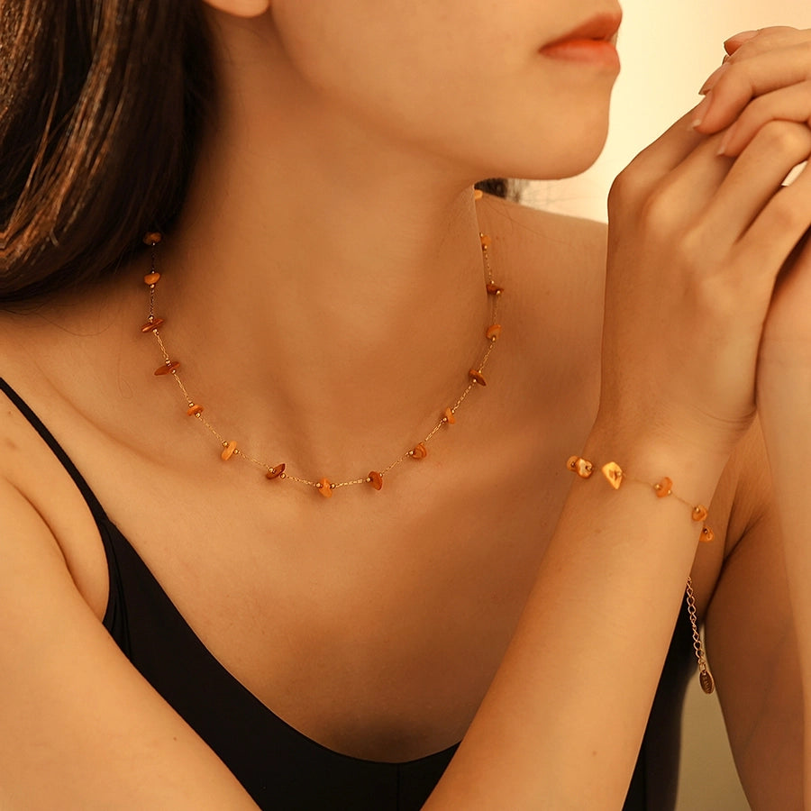 Style New Orange Natural Stone Necklace Bracelet Stainless Steel Clavicle Chain Fashion Personalized Jewelry Suit