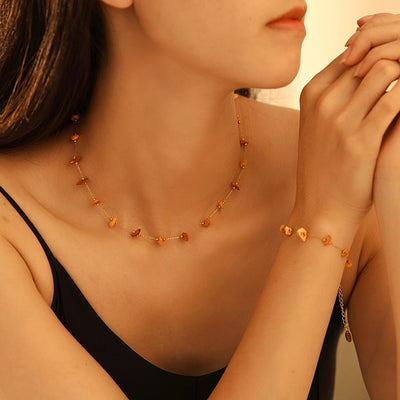 Style New Orange Natural Stone Necklace Bracelet Stainless Steel Clavicle Chain Fashion Personalized Jewelry Suit