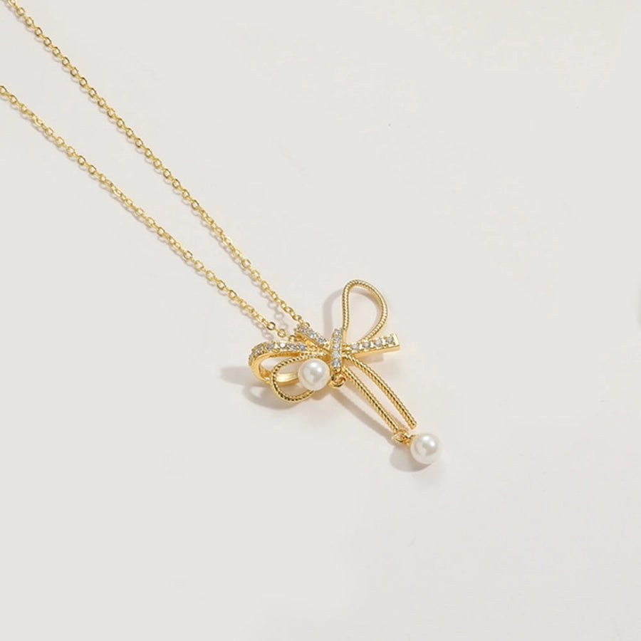 ABS Copper 14K Gold Plated Inlay Star Bow Knot Fish Bone Zircon Pendant Necklace