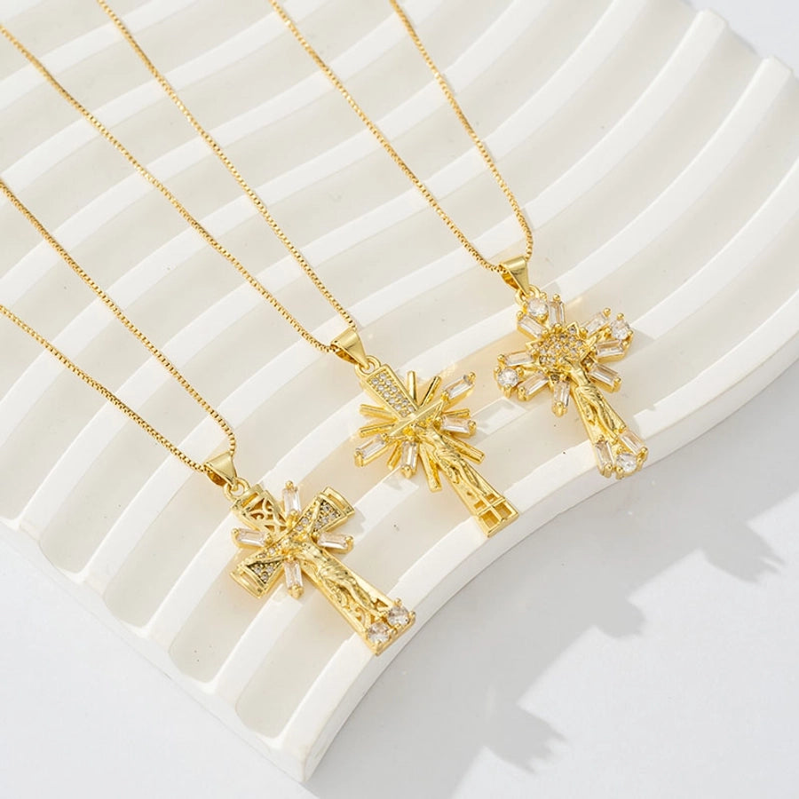 Copper box chain 18K Gold Plated Inlay Carving Cross Zircon Pendant Necklace
